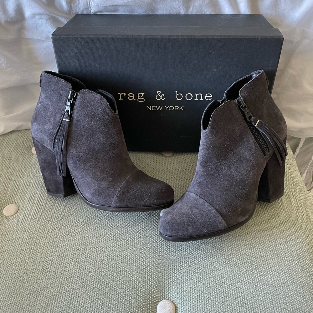 Rag & Bone suede Margot fringe booties in gray